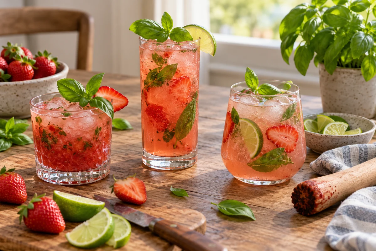 Strawberry and basil drinks in different glasses Strawberry and basil drinks in different glasses