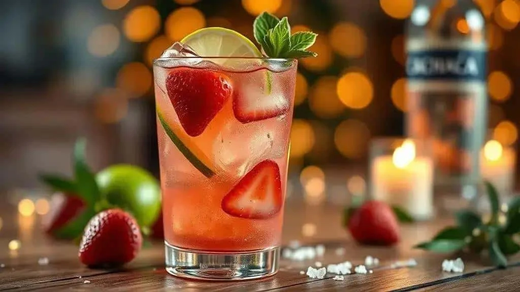 Strawberry caipirinha with lime and ice