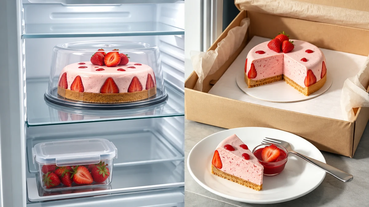 Strawberry cheesecake stored covered in a cool refrigerator