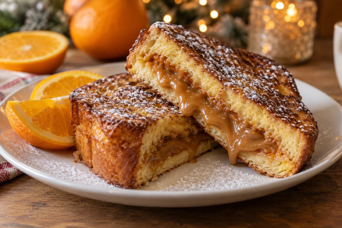 Stuffed brioche French toast with caramel filling