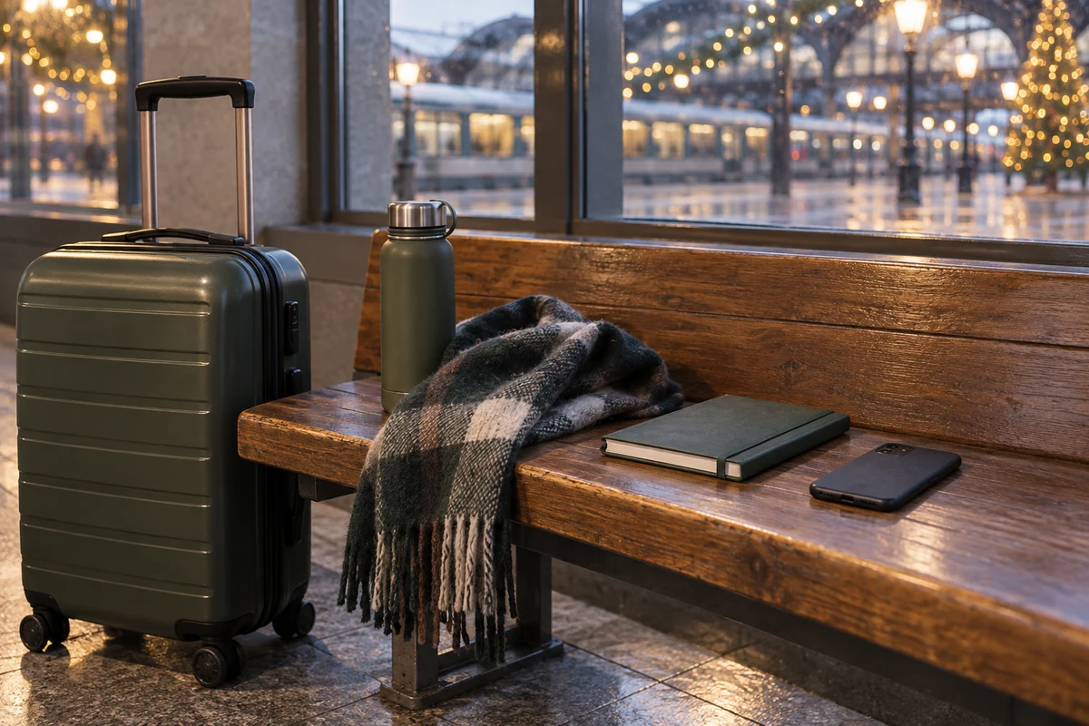 Suitcase and reusable water bottle beside a station window