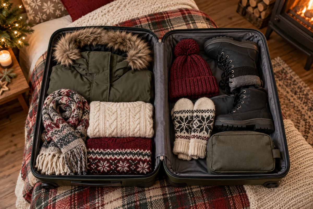 Suitcase packed with warm layers boots and winter accessories