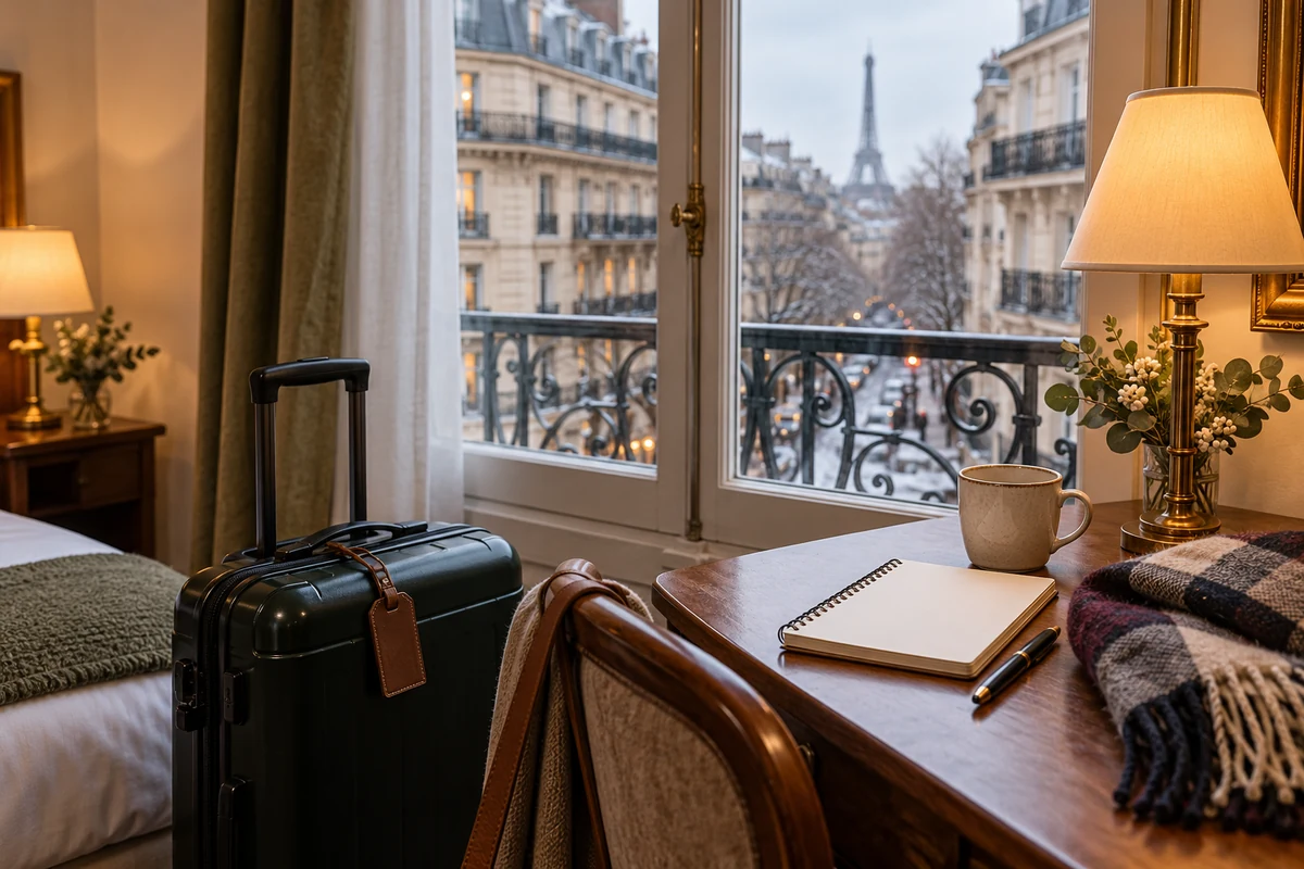 Suitcase, scarf and notebook in a Paris-style hotel room