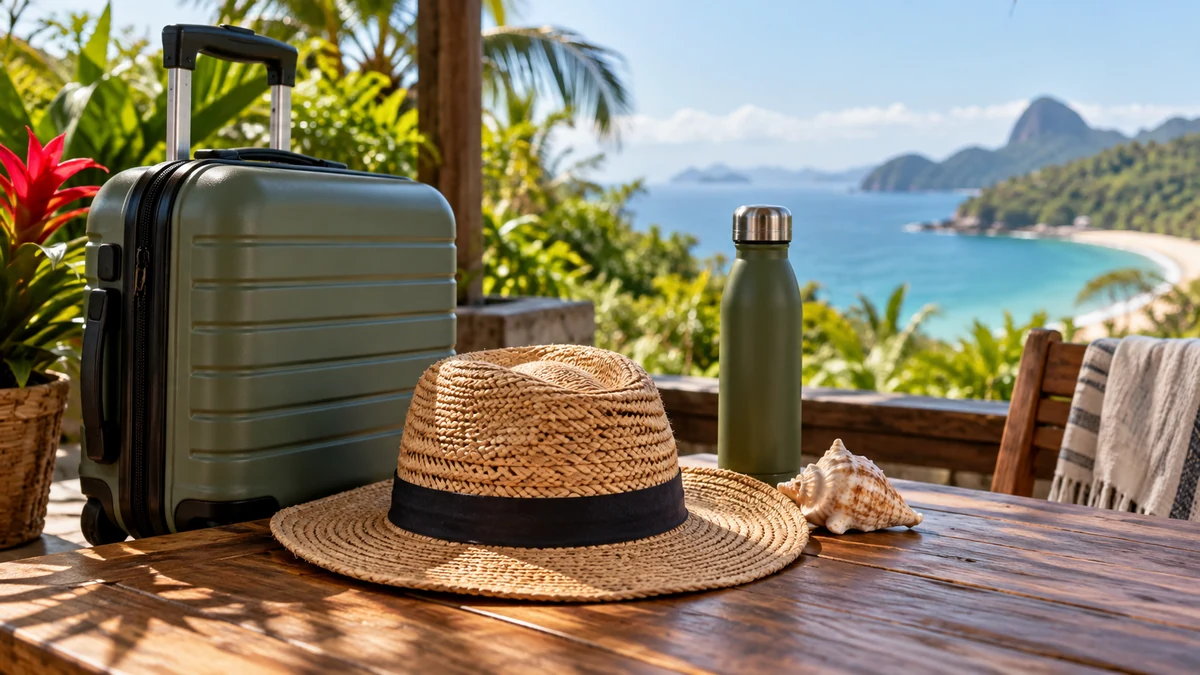 Suitcase sunhat and water bottle for a coastal trip