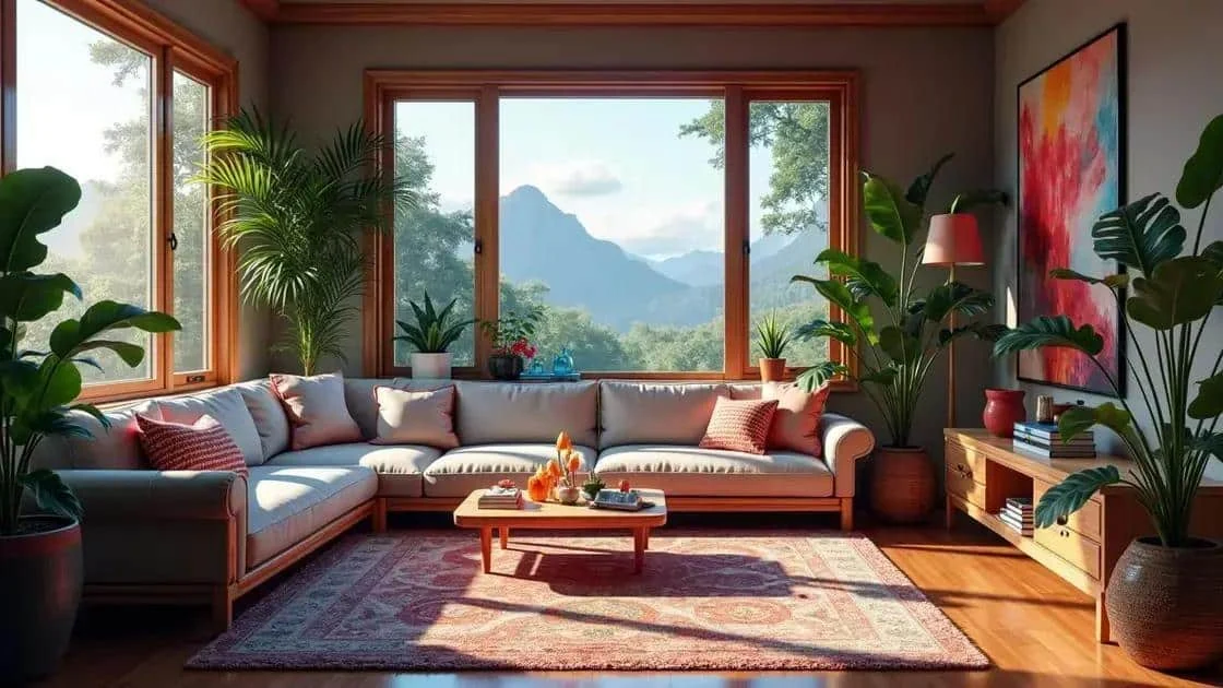 Sunlit living room with seasonal decorations