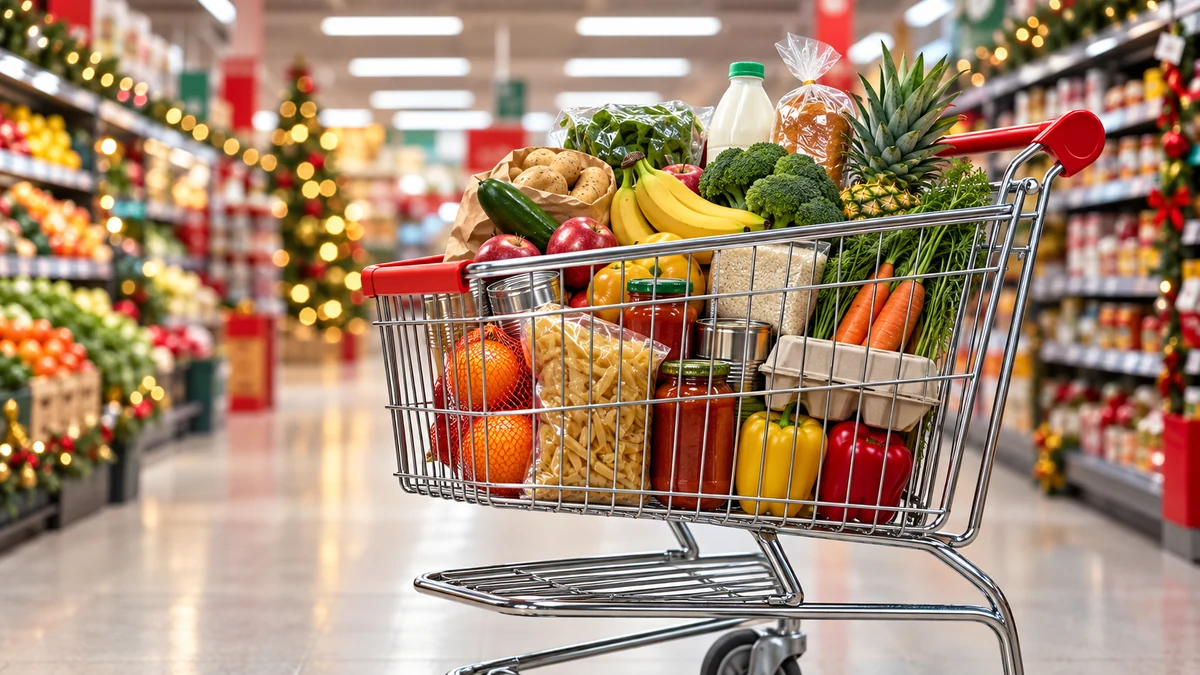 Supermarket trolley containing a modest planned food shop