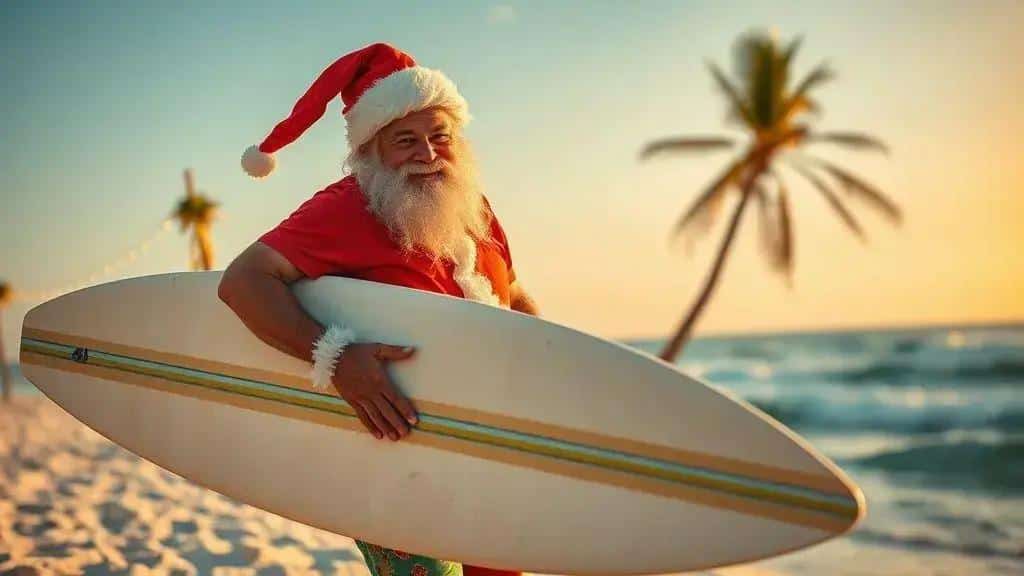 Illustration of Father Christmas holding a surfboard on a beach