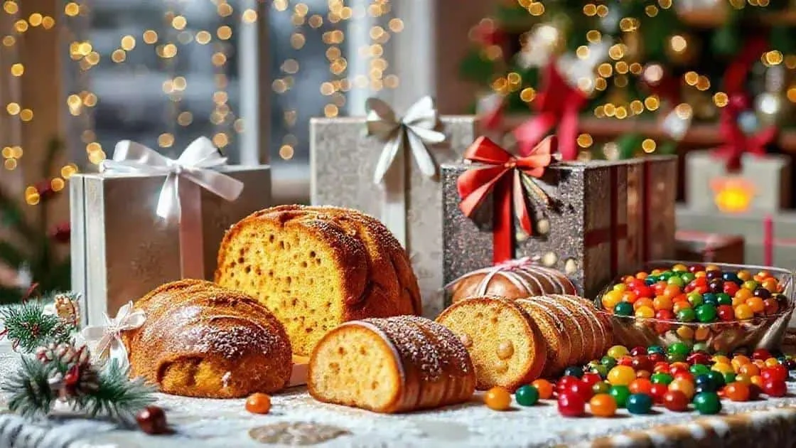 Sweet breads and festive treats beside gift boxes