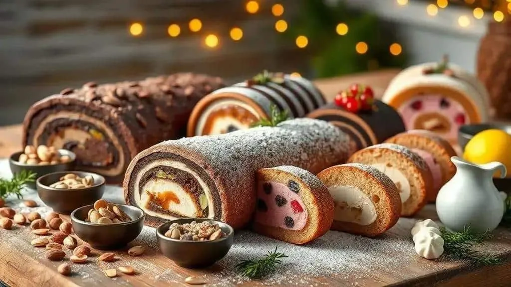 Swiss roll variations with chocolate fruit and nuts