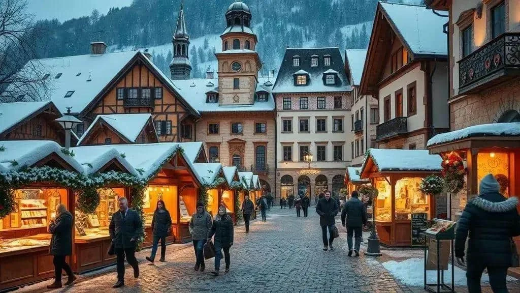 Swiss-style mountain village decorated for Christmas