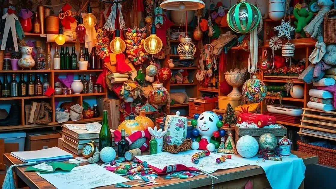 Table covered with craft materials and handmade-style decorations