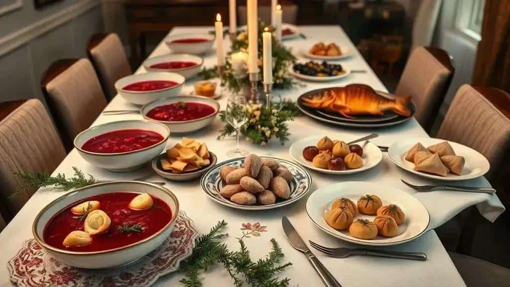 Illustrative table with beetroot soup, fish and small side dishes