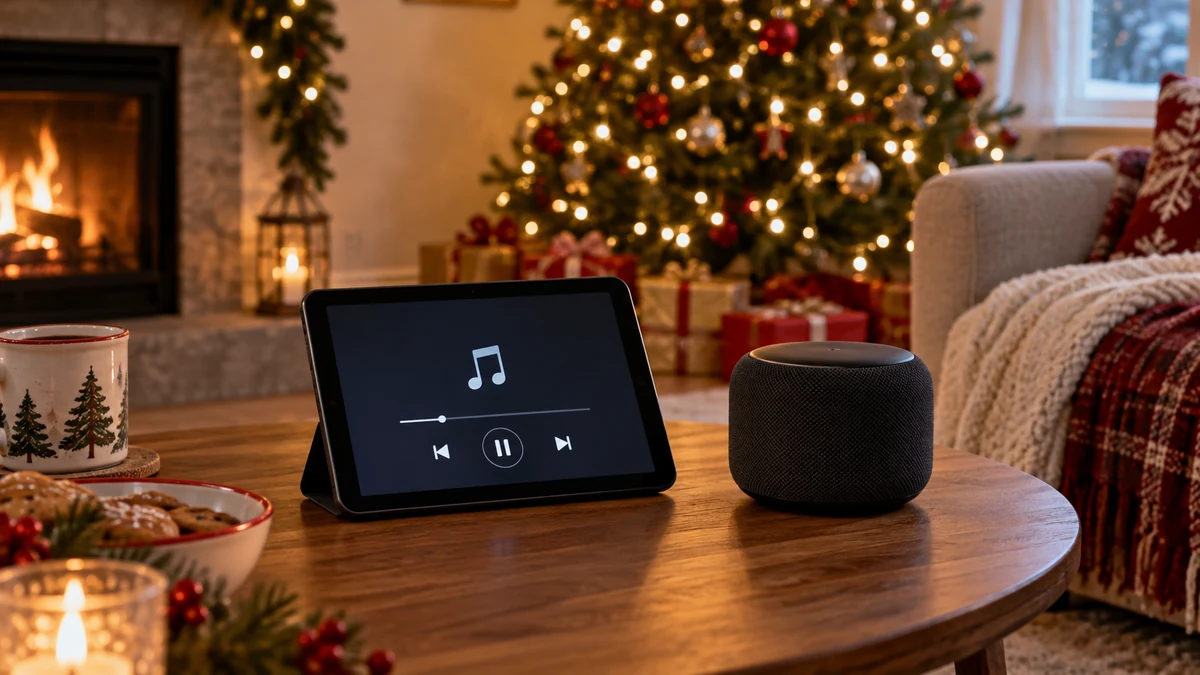 Tablet and speaker for a Christmas playlist