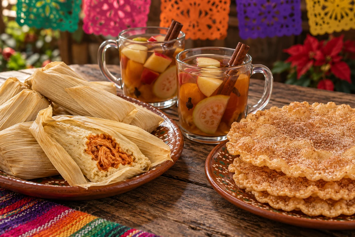 Corn-husk tamales, fruit ponche and thin buñuelos