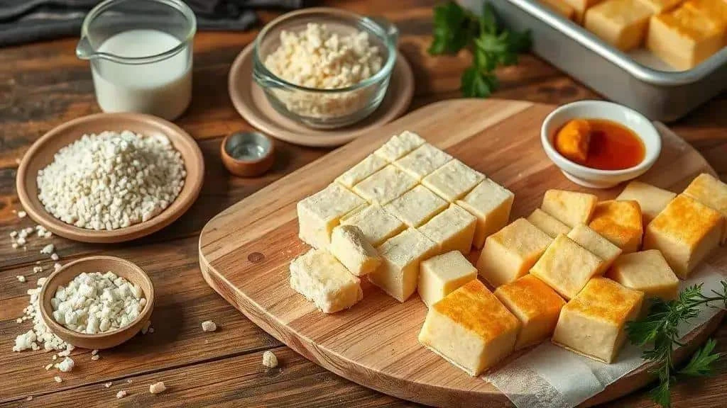 Tapioca cheese cubes before and after baking Tapioca cheese cubes before and after baking