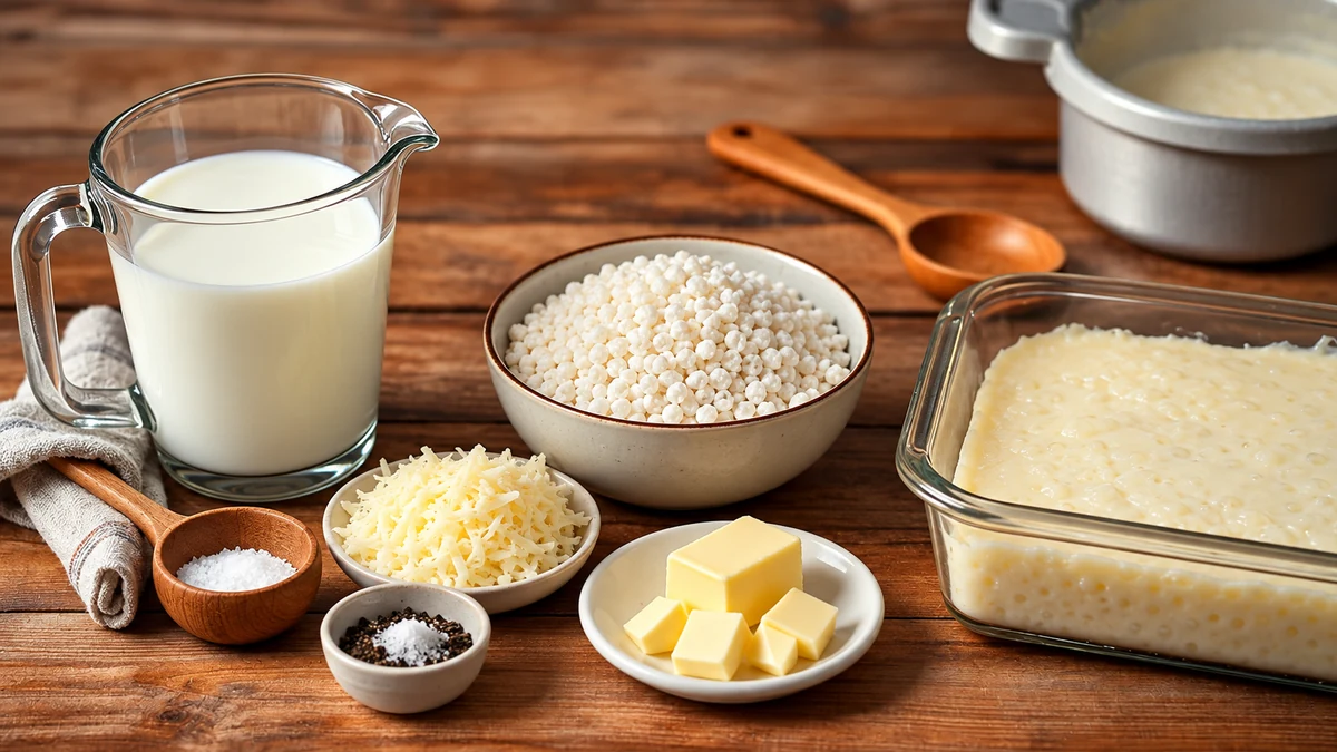 Tapioca granules, milk and cheese for baked bites Tapioca granules, milk and cheese for baked bites
