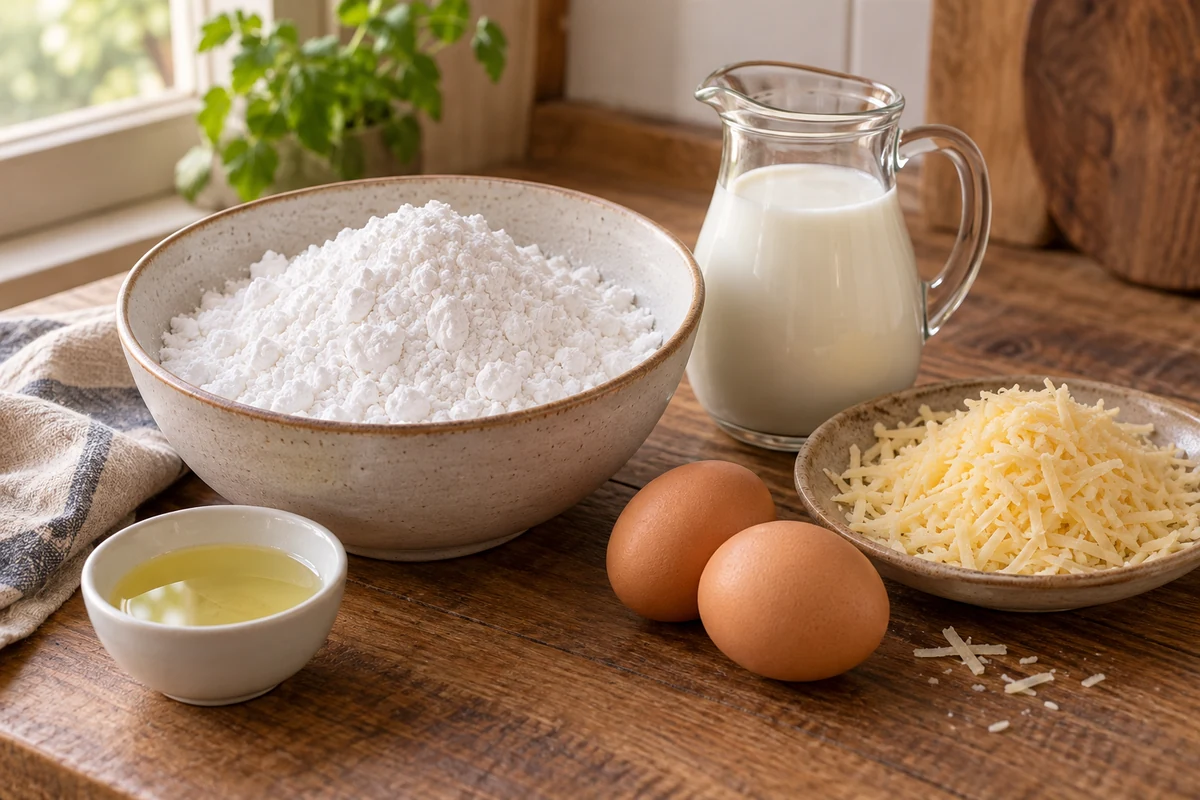 Tapioca starch milk eggs oil and cheese for pao de queijo Tapioca starch milk eggs oil and cheese for pao de queijo
