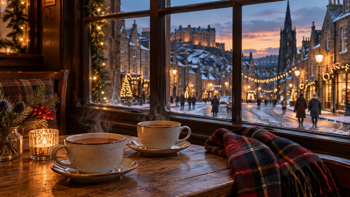 Tea and a tartan scarf beside a festive cafe window