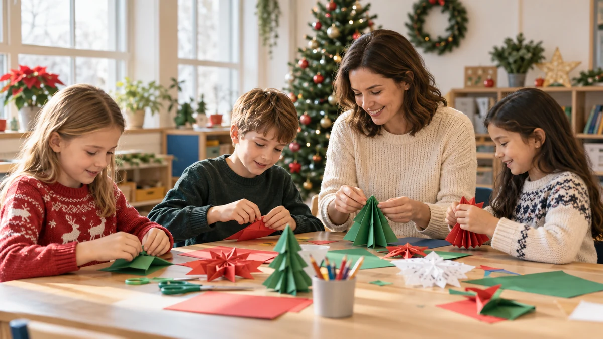 Teacher supporting a small group making paper decorations