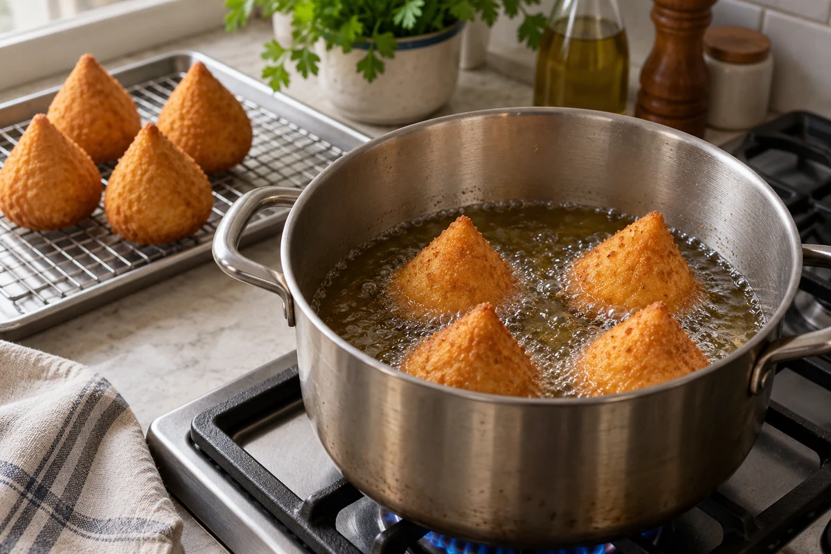 Teardrop-shaped chicken coxinhas frying in a deep pan