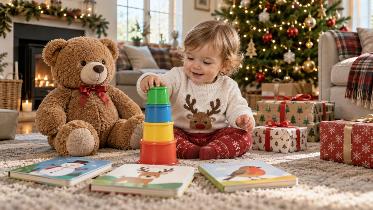 Teddy bear board books and toys with Christmas presents