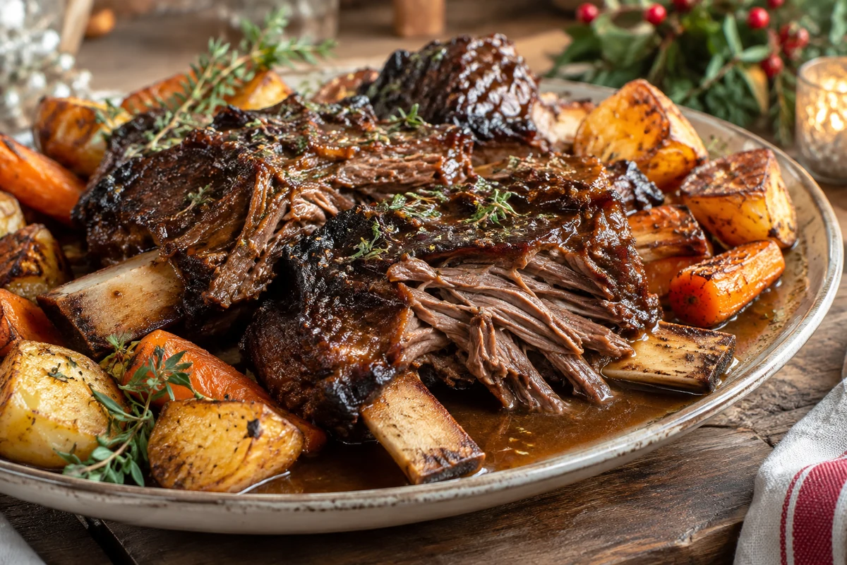 Tender beef short ribs with roast potatoes and carrots