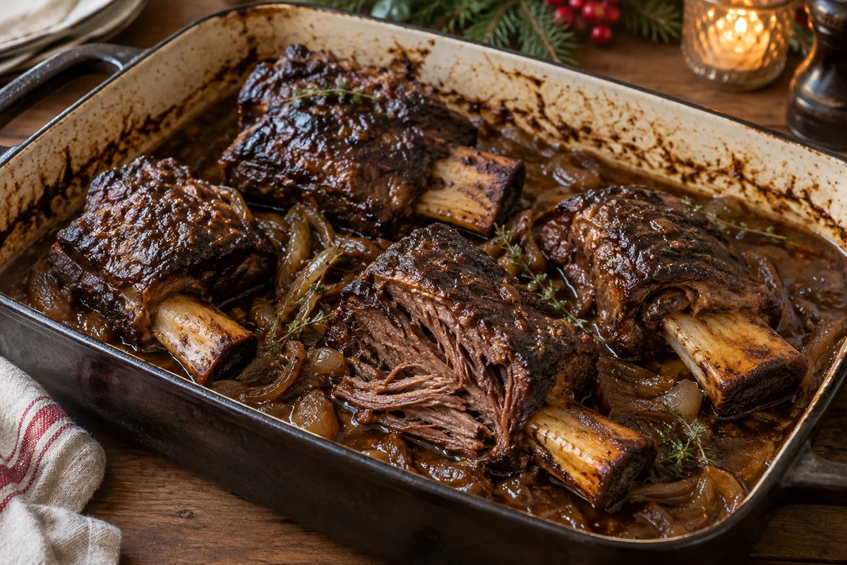 Tender braised beef short ribs in a roasting tin Tender braised beef short ribs in a roasting tin