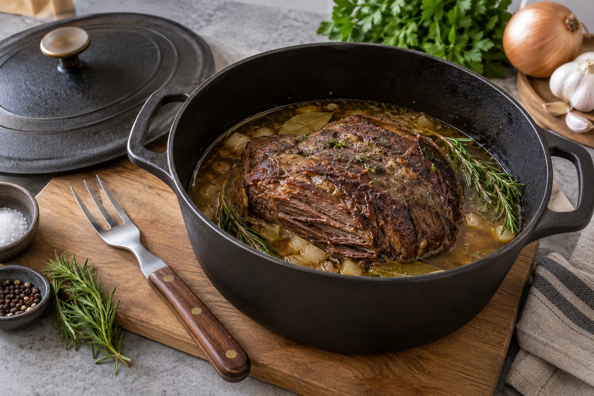 Tender cupim beef braised in a covered roasting pot Tender cupim beef braised in a covered roasting pot