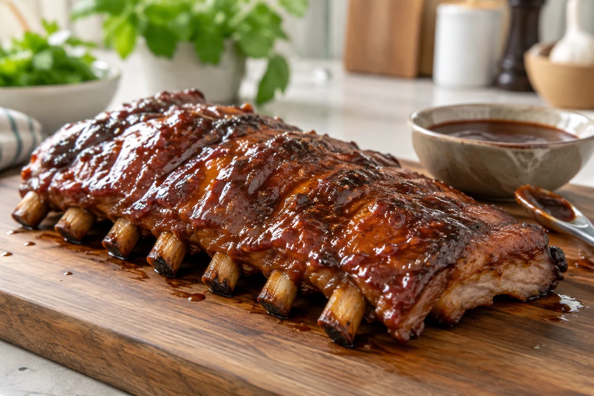 Tender glazed pork ribs with sauce on the side