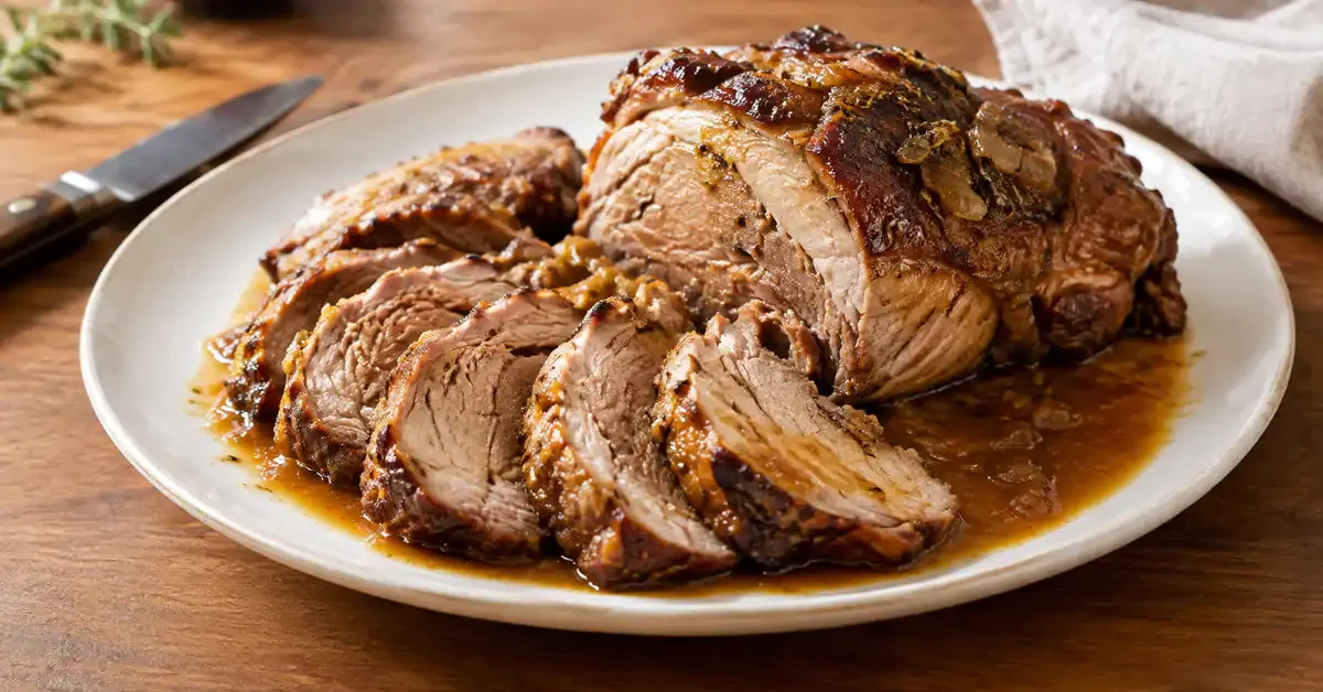 Tender pork leg slices served with pan sauce