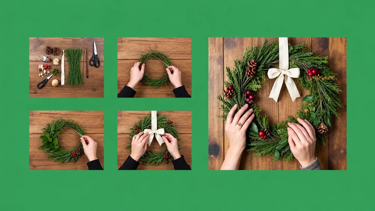 Text-free collage showing stages of making a wreath Text-free collage showing stages of making a wreath