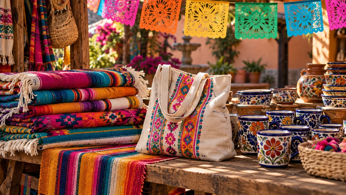 Textiles ceramics and a reusable bag at a market stall