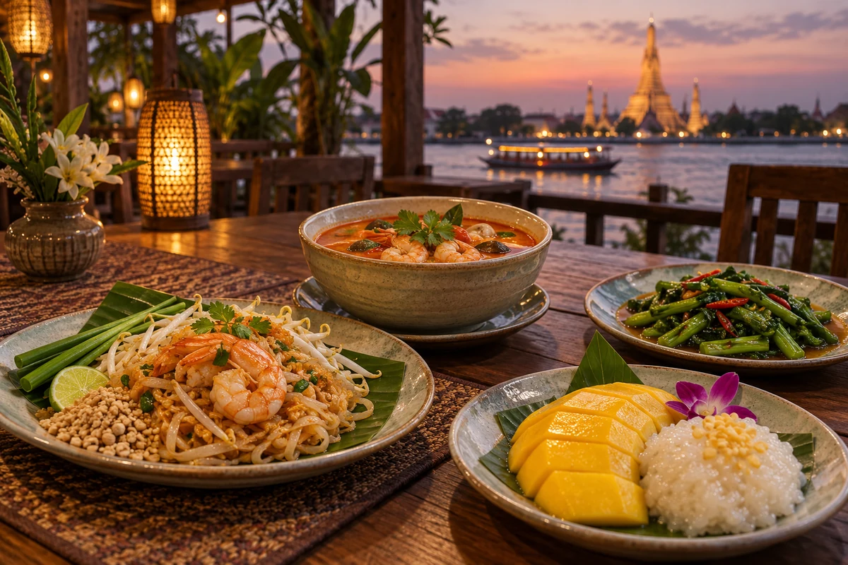Thai dinner with noodles, soup and mango sticky rice