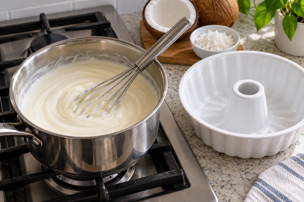 Thick coconut custard in a saucepan beside a ring mould Thick coconut custard in a saucepan beside a ring mould