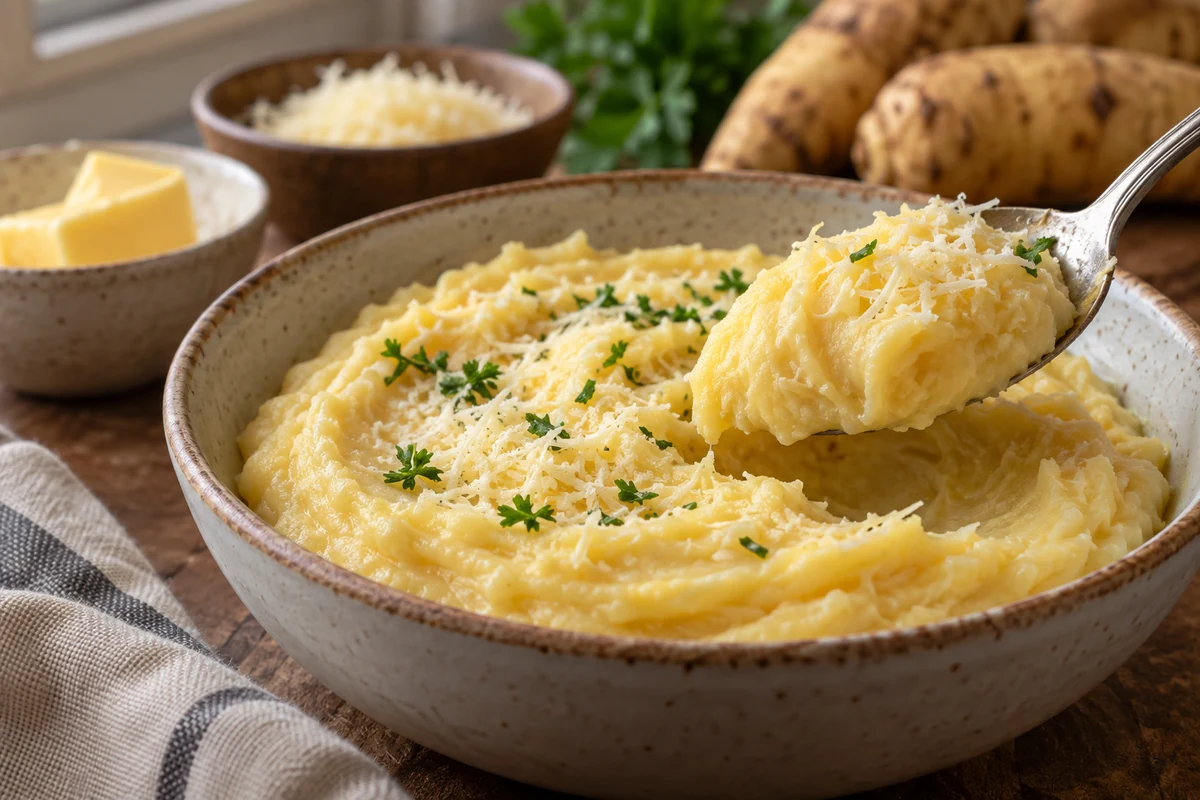 Thick creamy arracacha mash with cheese on a spoon