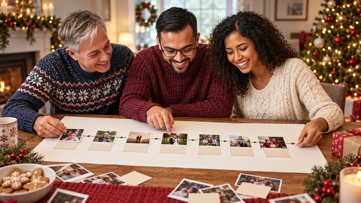Three adults arranging a family photograph timeline