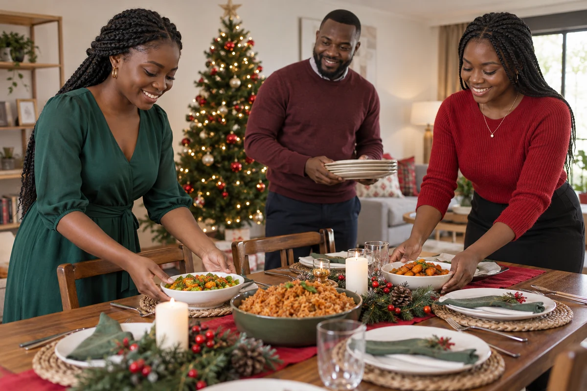 Three adults arranging a festive dining table