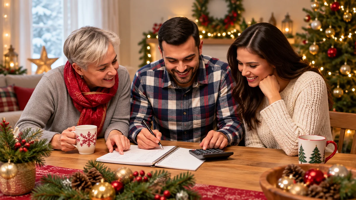 Three adults discussing a household budget