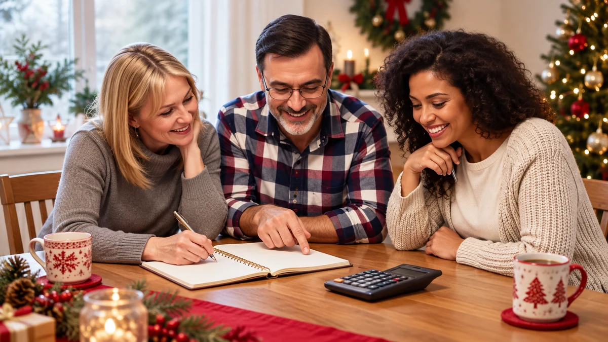 Three adults discussing a household spending plan