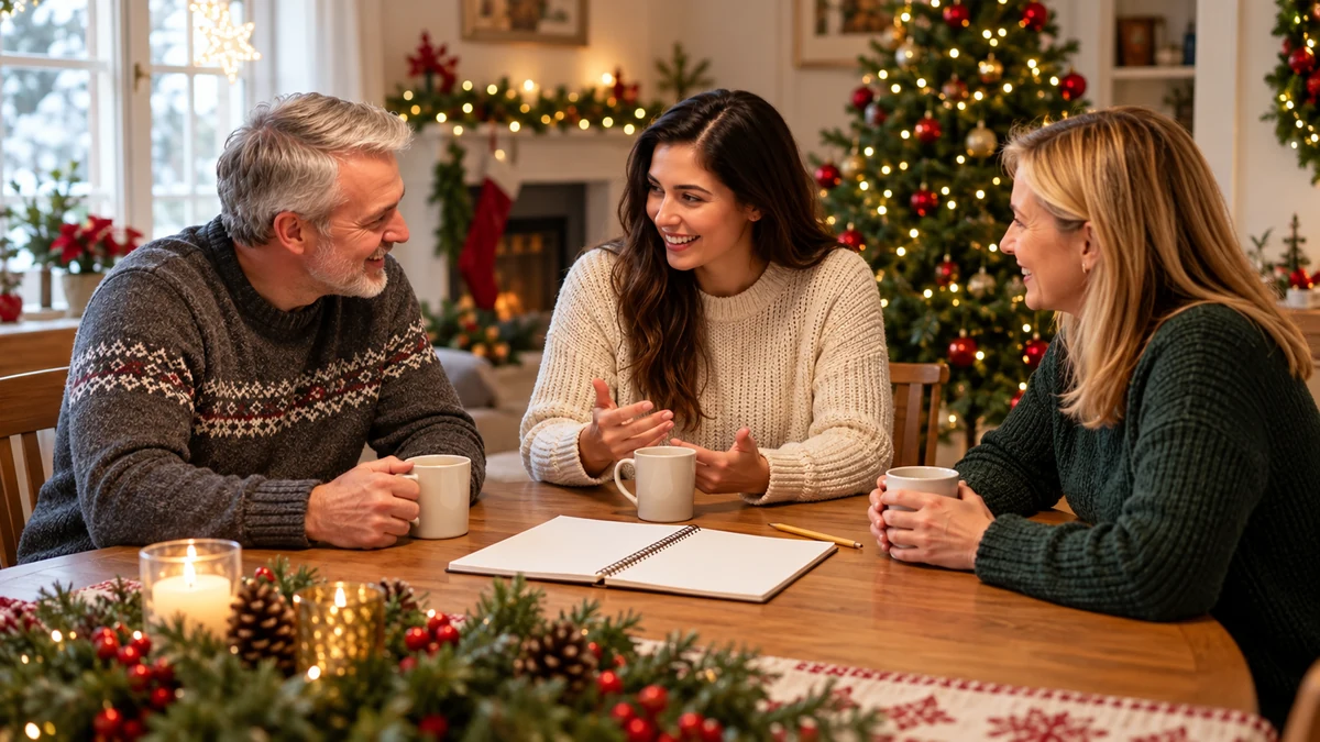 Three adults discussing plans around a Christmas table