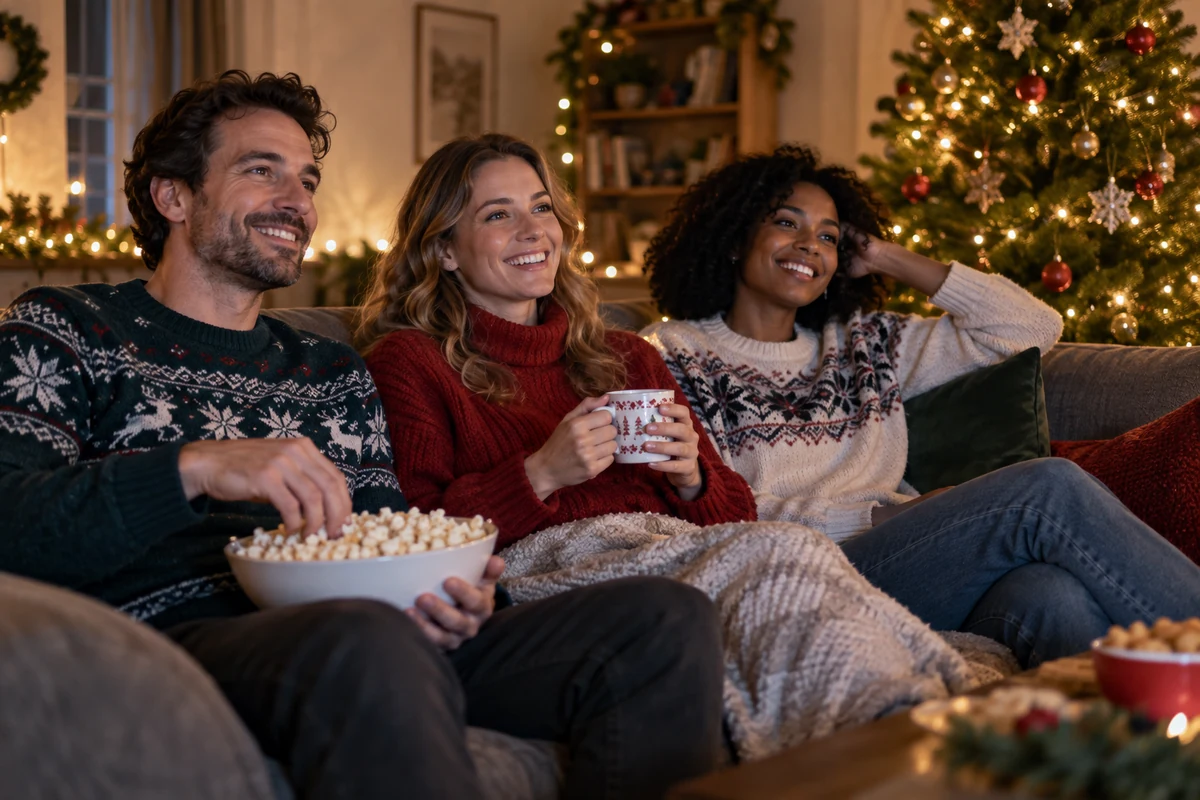 Three adults enjoying a festive television evening