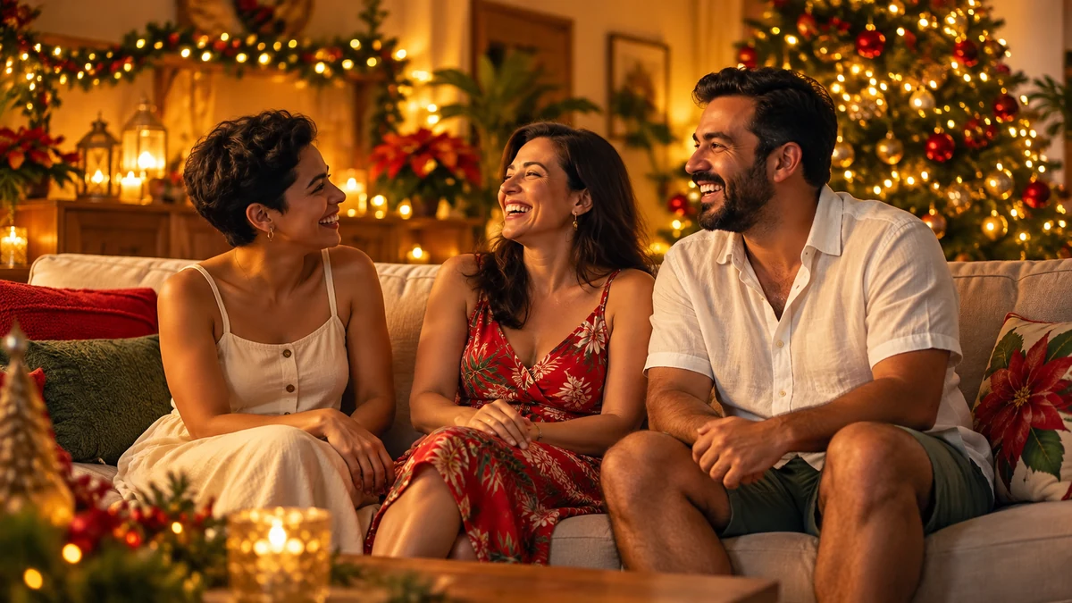 Three adults in light clothing talking on a Christmas sofa Three adults in light clothing talking on a Christmas sofa