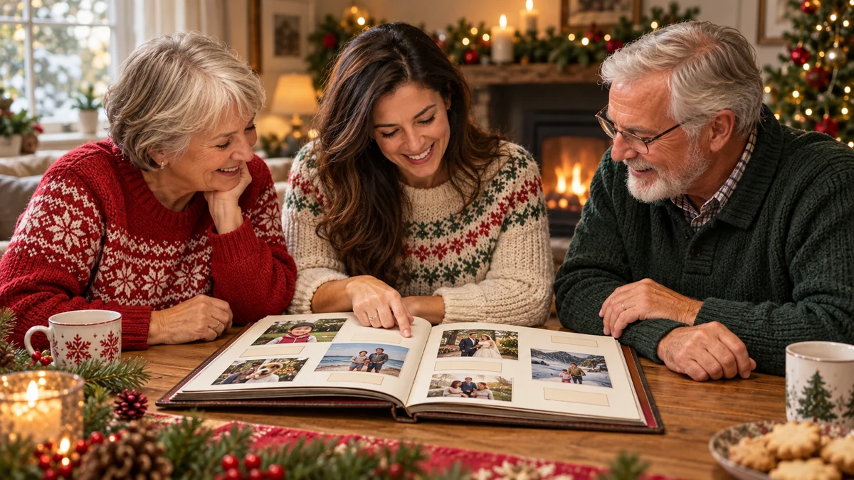 Three adults looking through a family photograph album