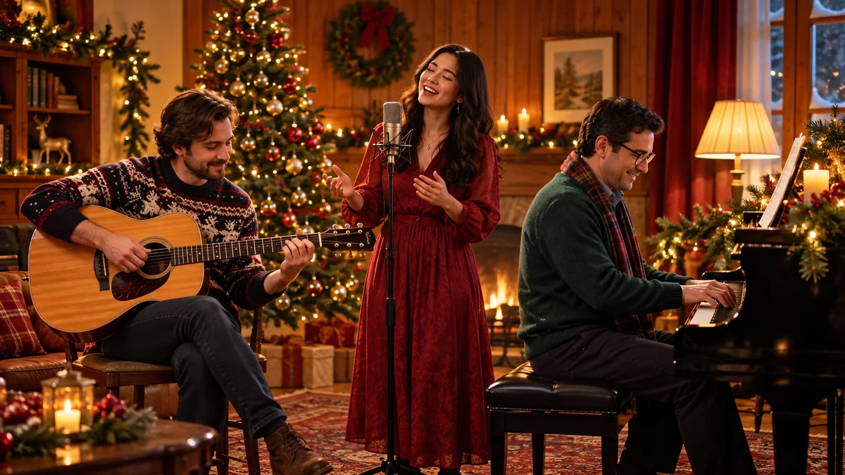 Three adults making Christmas music together