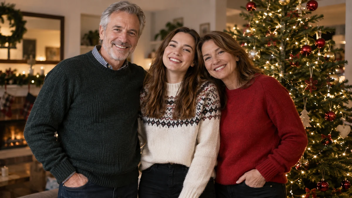 Three adults posing for a Christmas photograph Three adults posing for a Christmas photograph