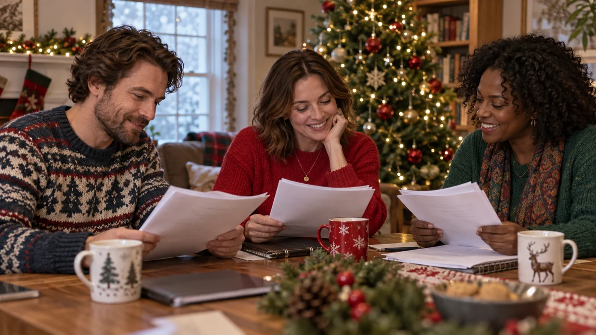Three adults reading a Christmas screenplay Three adults reading a Christmas screenplay