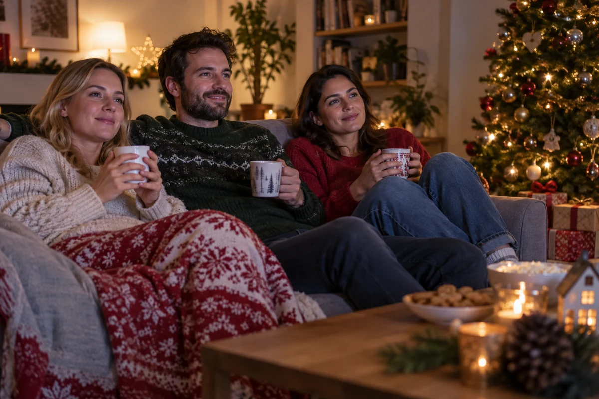 Three adults relaxing with mugs while watching television Three adults relaxing with mugs while watching television