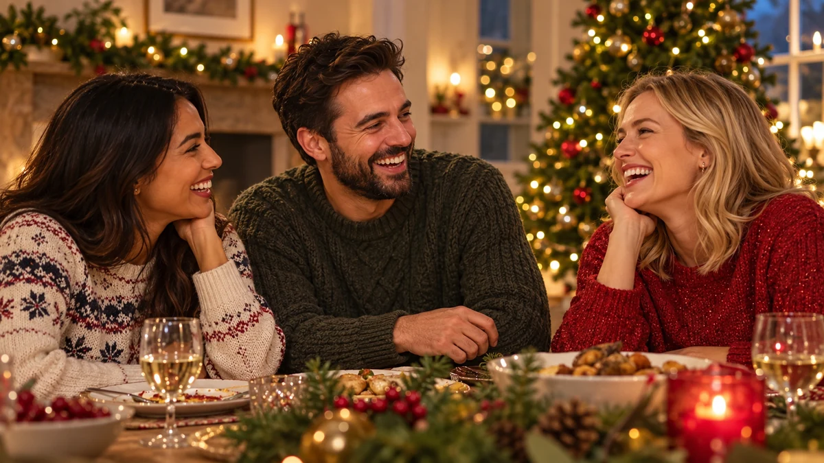 Three adults sharing a candid Christmas moment