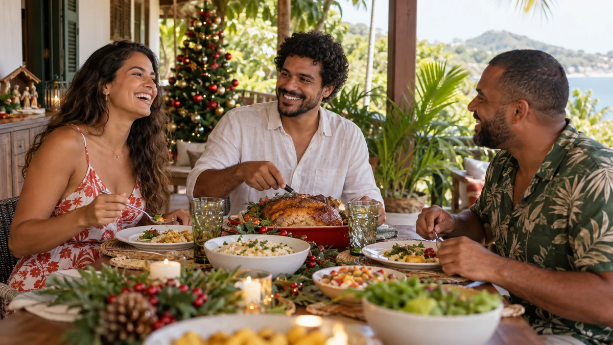 Three adults sharing Christmas lunch in summer Three adults sharing Christmas lunch in summer