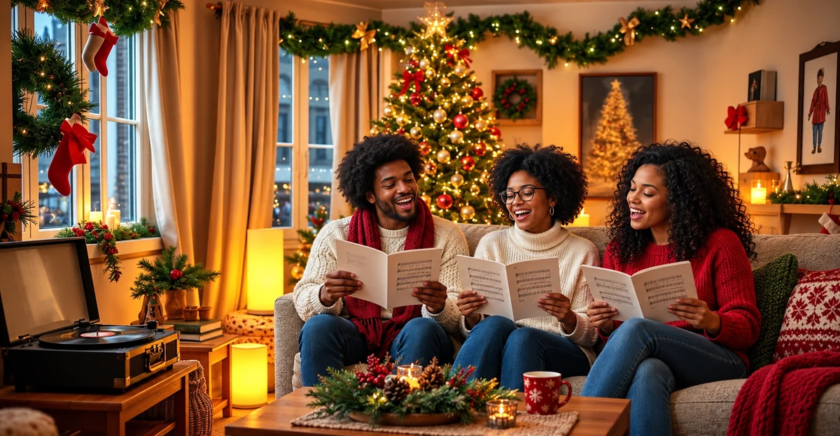 Three adults singing Christmas carols from booklets